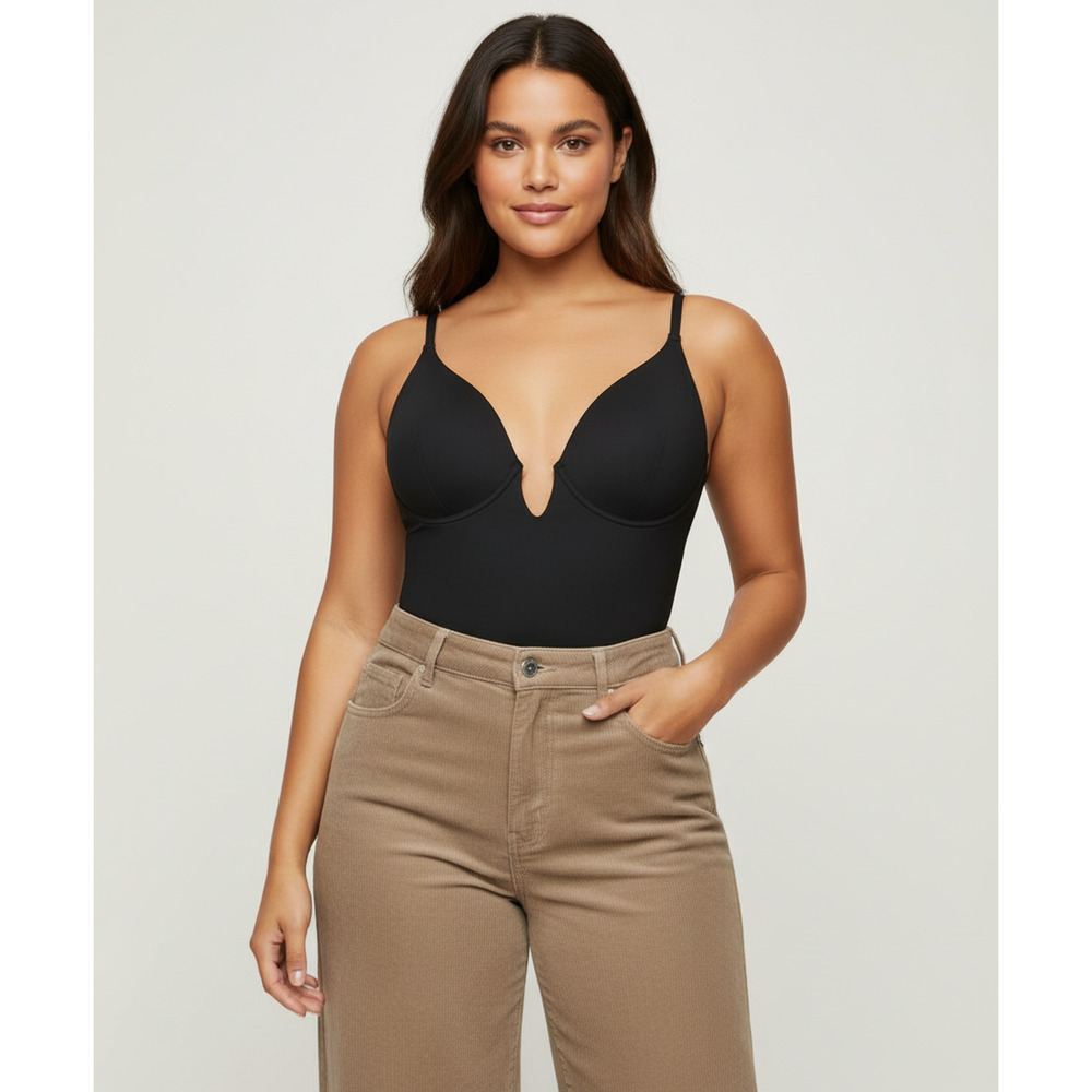 Popilush Deep V Black Bodysuit 2XL – Minimalist, Coquette, Y2K, Casual
